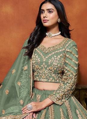 Green Net Embroidered Semi Stitched Lehenga Choli Size Up To 42 2