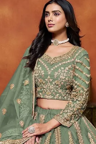 Green Net Embroidered Semi Stitched Lehenga Choli Size Up To 42