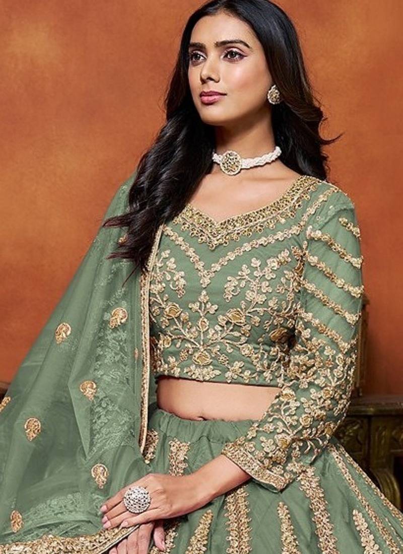 Green Net Embroidered Semi Stitched Lehenga Choli Size Up To 42