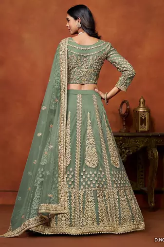 Green Net Embroidered Semi Stitched Lehenga Choli Size Up To 42