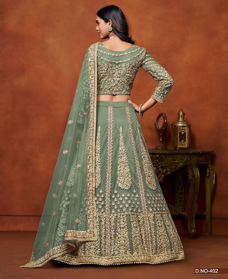 Green Net Embroidered Semi Stitched Lehenga Choli Size Up To 42