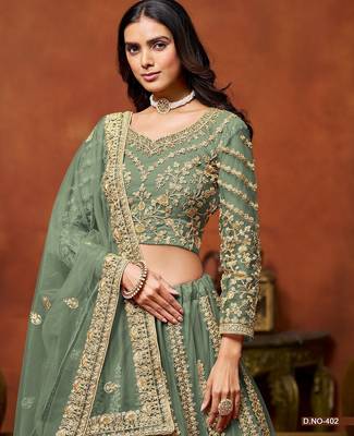 Green Net Embroidered Semi Stitched Lehenga Choli Size Up To 42 4