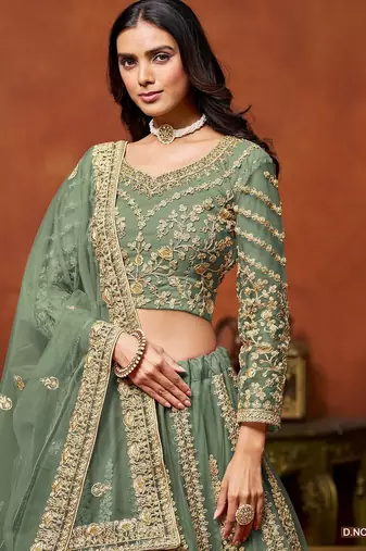 Green Net Embroidered Semi Stitched Lehenga Choli Size Up To 42