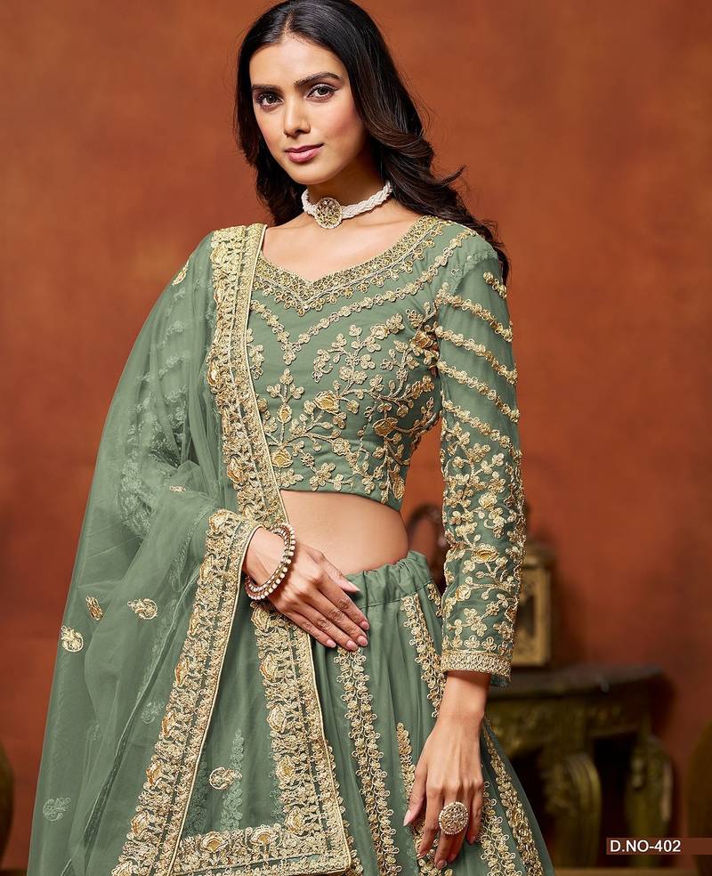 Green Net Embroidered Semi Stitched Lehenga Choli Size Up To 42