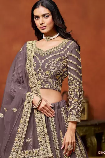 Purple Net Embroidered Semi Stitched Lehenga Choli Size Up To 42