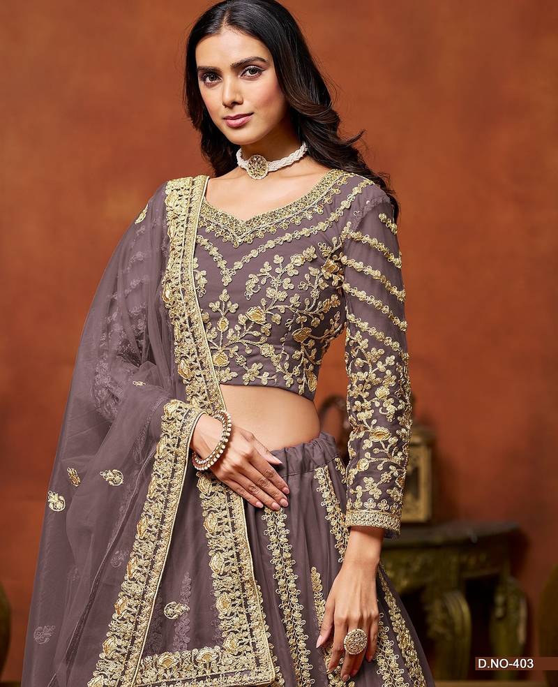 Purple Net Embroidered Semi Stitched Lehenga Choli Size Up To 42
