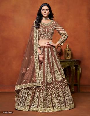 Brown Net Embroidered Semi Stitched Lehenga Choli Size Up To 42 1