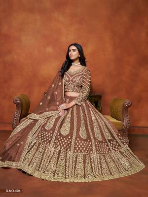 Brown Net Embroidered Semi Stitched Lehenga Choli Size Up To 42 2