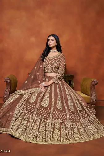 Brown Net Embroidered Semi Stitched Lehenga Choli Size Up To 42