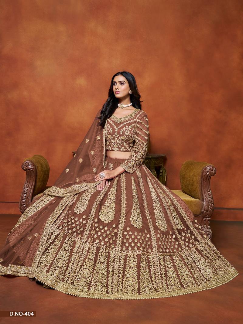 Brown Net Embroidered Semi Stitched Lehenga Choli Size Up To 42