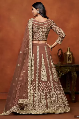 Brown Net Embroidered Semi Stitched Lehenga Choli Size Up To 42
