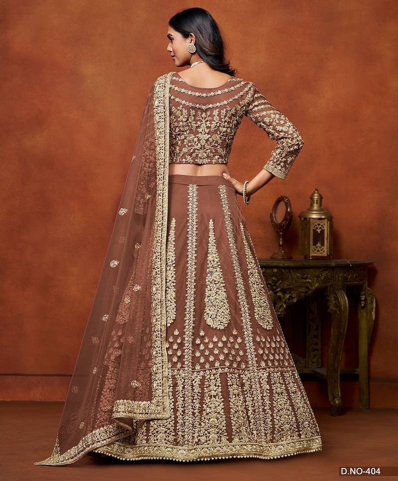 Brown Net Embroidered Semi Stitched Lehenga Choli Size Up To 42