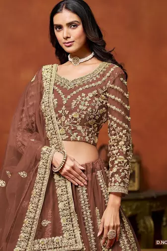 Brown Net Embroidered Semi Stitched Lehenga Choli Size Up To 42