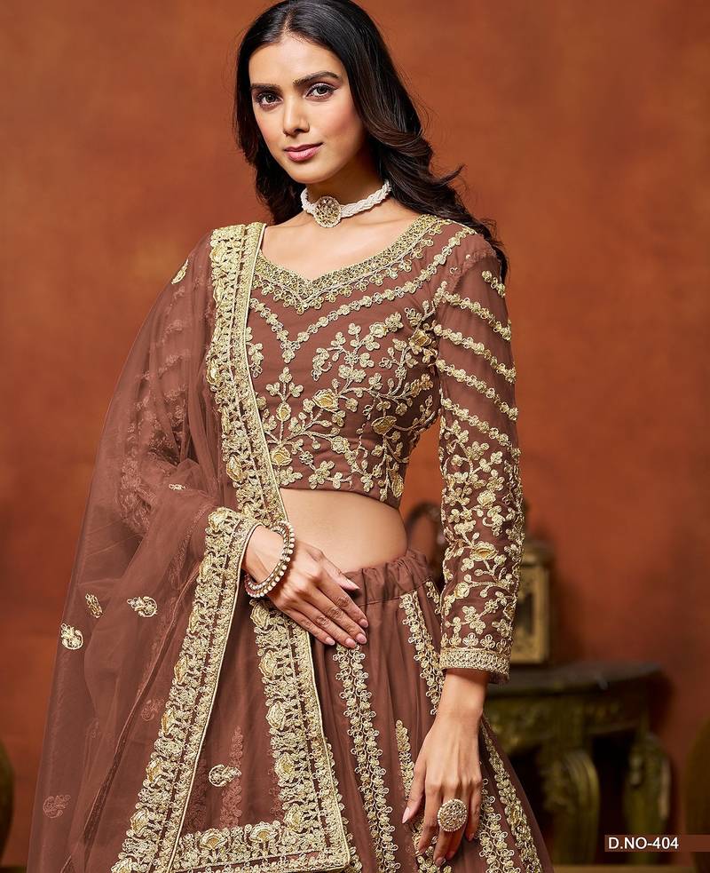 Brown Net Embroidered Semi Stitched Lehenga Choli Size Up To 42