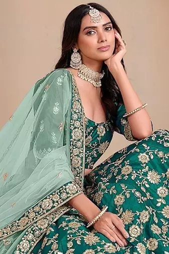 Green Art Silk Embroidered Semi Stitched Lehenga Choli Size Up To 42