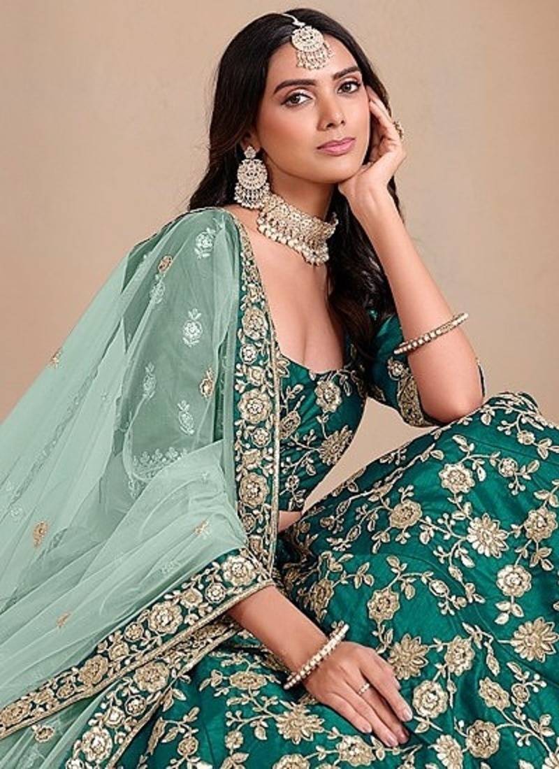 Green Art Silk Embroidered Semi Stitched Lehenga Choli Size Up To 42