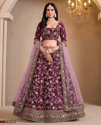 Lavender Art Silk Embroidered Semi Stitched Lehenga Choli Size Up To 42 1
