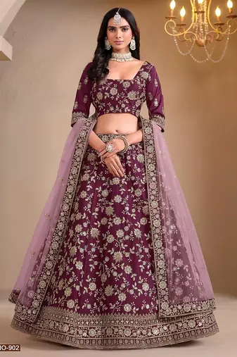Lavender Art Silk Embroidered Semi Stitched Lehenga Choli Size Up To 42