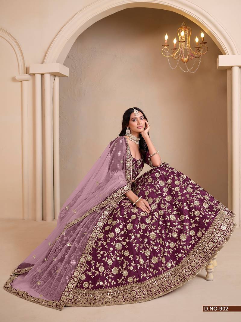 Lavender Art Silk Embroidered Semi Stitched Lehenga Choli Size Up To 42