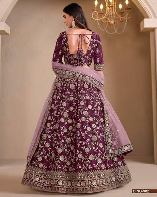 Lavender Art Silk Embroidered Semi Stitched Lehenga Choli Size Up To 42 3