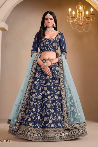 Blue Art Silk Embroidered Semi Stitched Lehenga Choli Size Up To 42