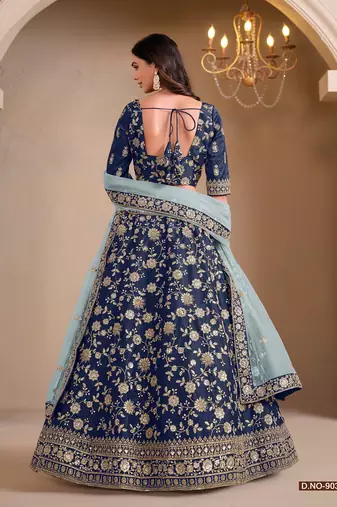 Blue Art Silk Embroidered Semi Stitched Lehenga Choli Size Up To 42