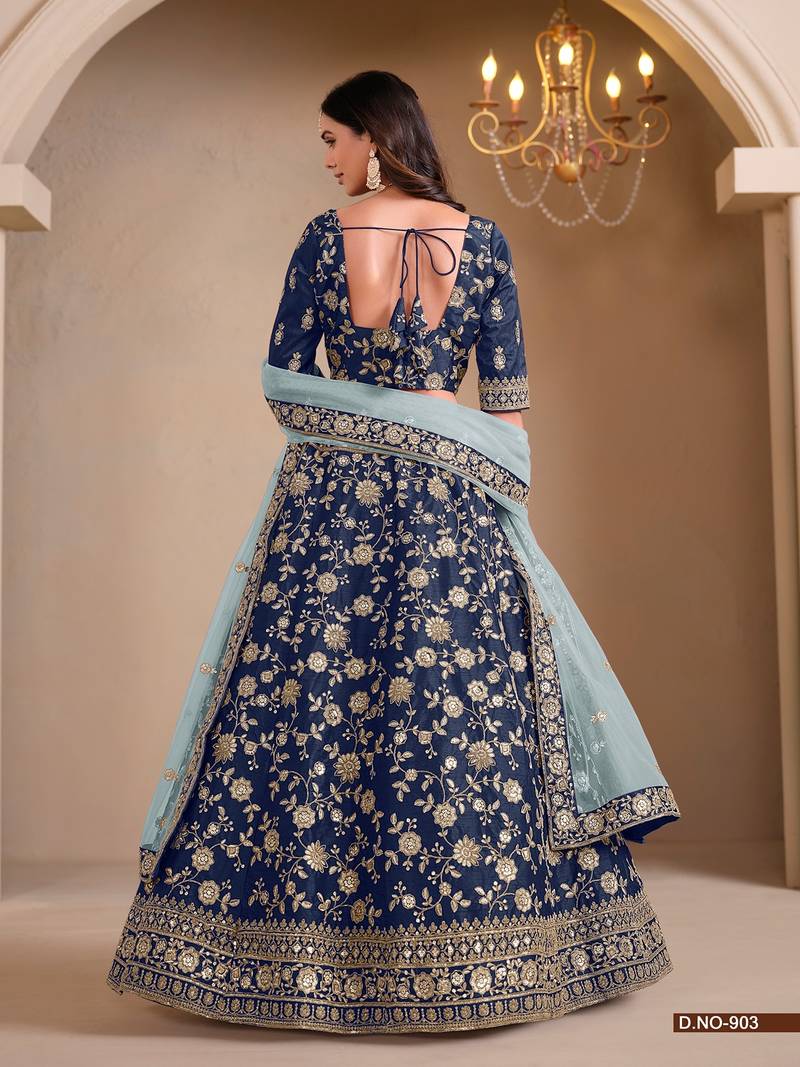 Blue Art Silk Embroidered Semi Stitched Lehenga Choli Size Up To 42