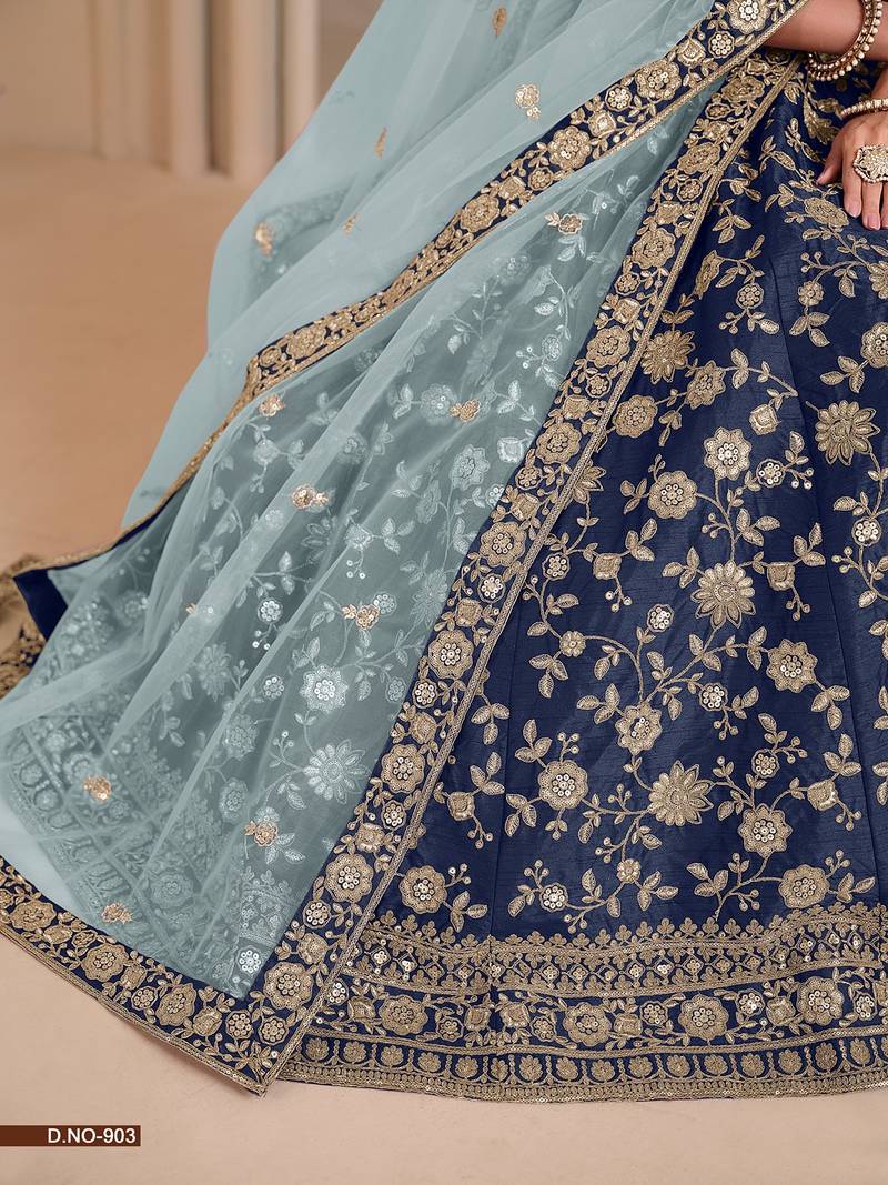 Blue Art Silk Embroidered Semi Stitched Lehenga Choli Size Up To 42