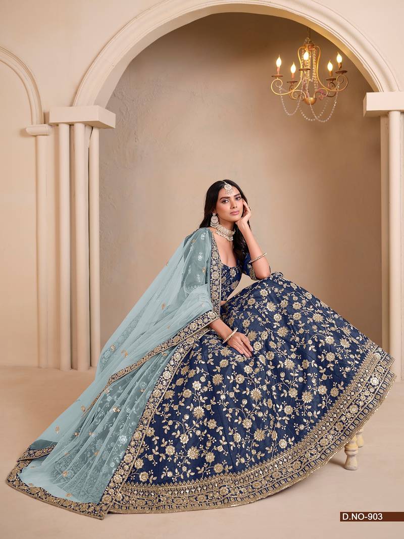 Blue Art Silk Embroidered Semi Stitched Lehenga Choli Size Up To 42