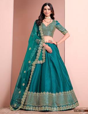 Green Art Silk Embroidered Semi Stitched Lehenga Choli Size Up To 42 1