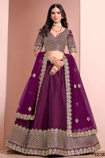 Purple Art Silk Embroidered Semi Stitched Lehenga Choli Size Up To 42