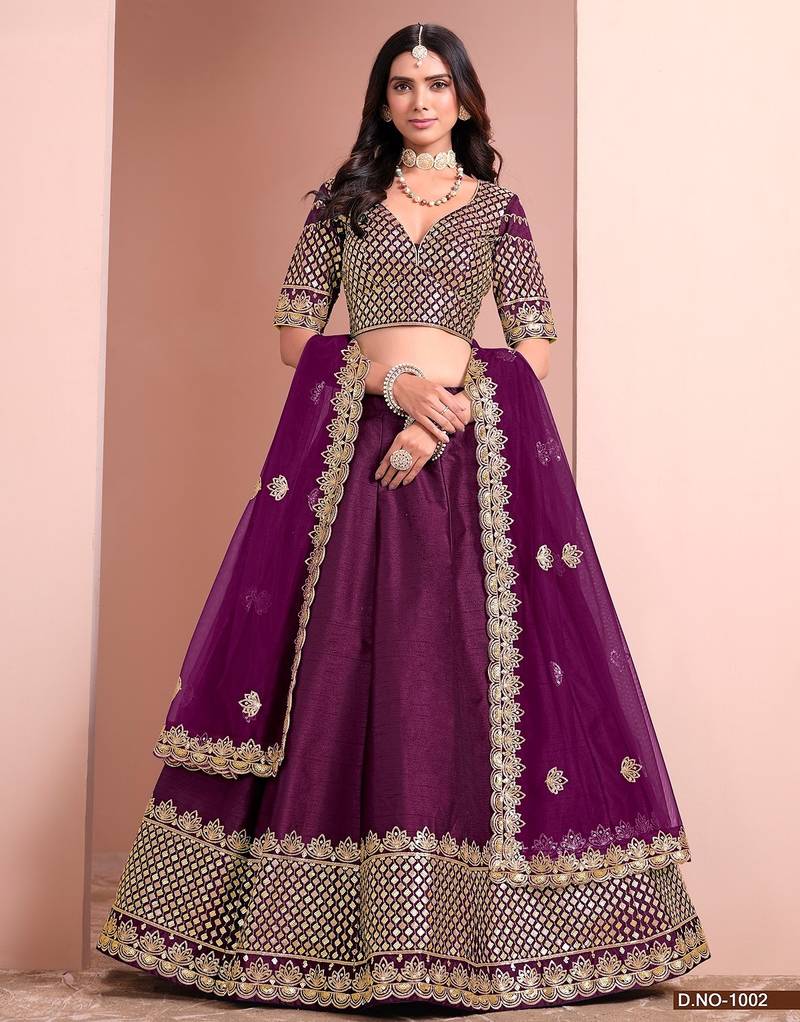 Purple Art Silk Embroidered Semi Stitched Lehenga Choli Size Up To 42