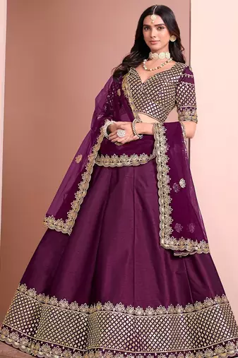 Purple Art Silk Embroidered Semi Stitched Lehenga Choli Size Up To 42