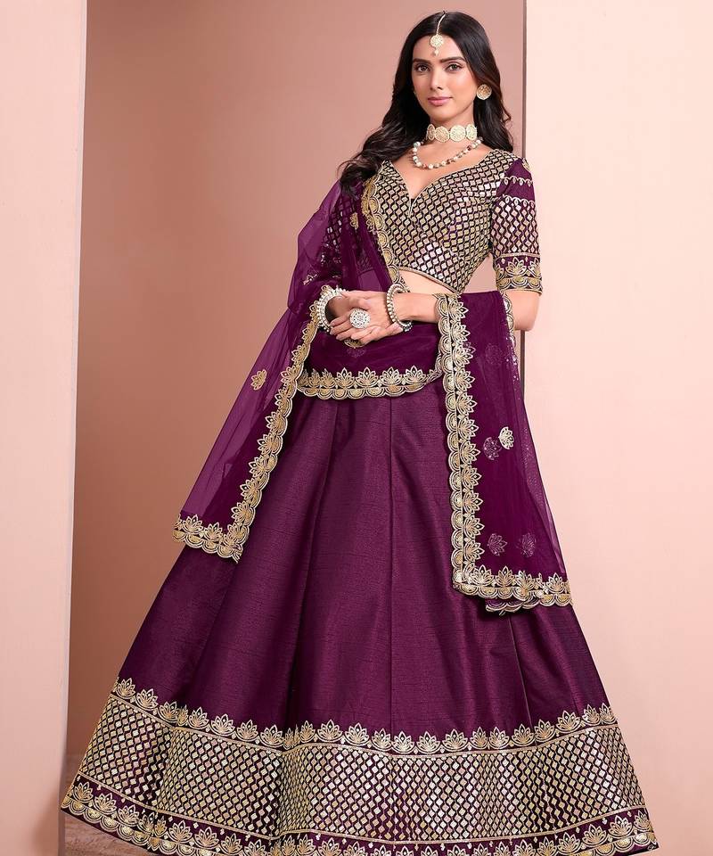 Purple Art Silk Embroidered Semi Stitched Lehenga Choli Size Up To 42