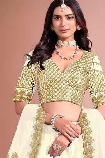 White Art Silk Embroidered Semi Stitched Lehenga Choli Size Up To 42