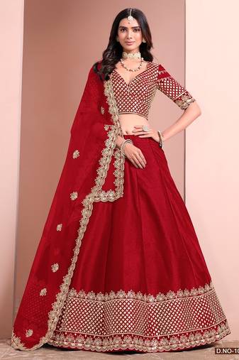 Red Art Silk Embroidered Semi Stitched Lehenga Choli Size Up To 42