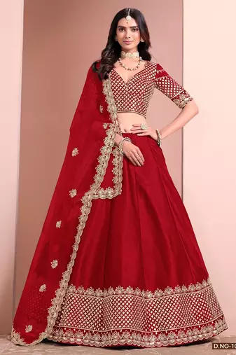 Red Art Silk Embroidered Semi Stitched Lehenga Choli Size Up To 42