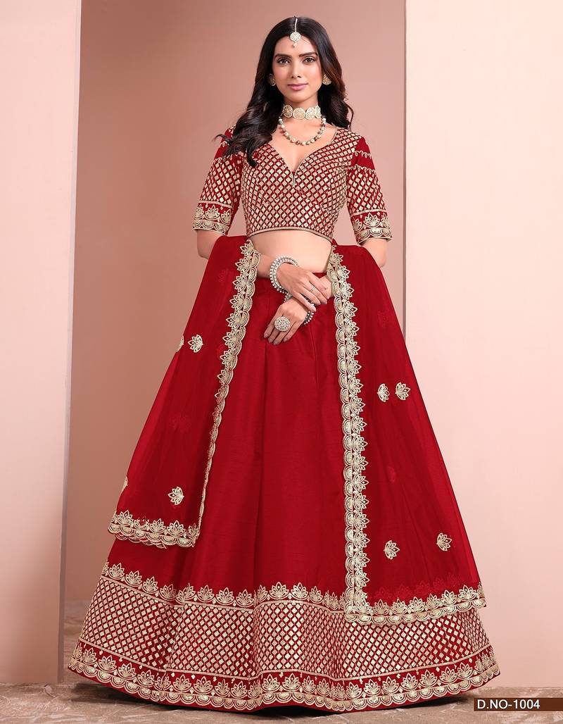 Red Art Silk Embroidered Semi Stitched Lehenga Choli Size Up To 42
