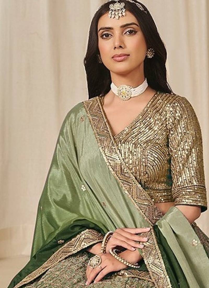 Green Art Silk Embroidered Semi Stitched Lehenga Choli Size Up To 42