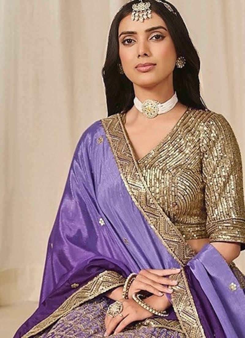 Violet Art Silk Embroidered Semi Stitched Lehenga Choli Size Up To 42