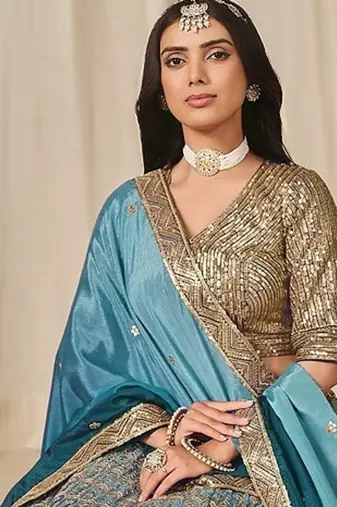 Sky Blue Art Silk Embroidered Semi Stitched Lehenga Choli Size Up To 42