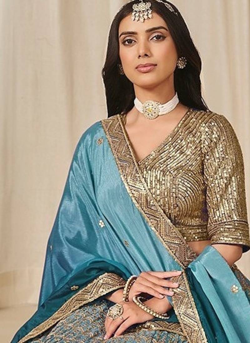 Sky Blue Art Silk Embroidered Semi Stitched Lehenga Choli Size Up To 42