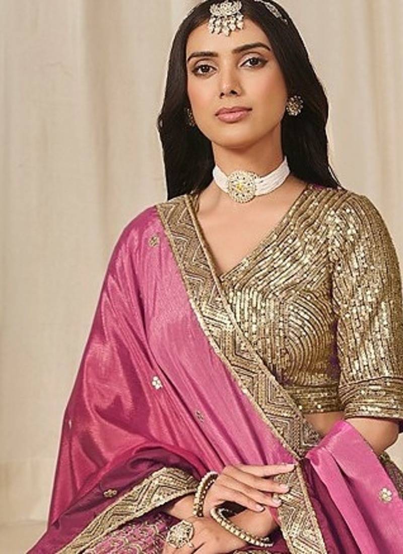 Pink Art Silk Embroidered Semi Stitched Lehenga Choli Size Up To 42