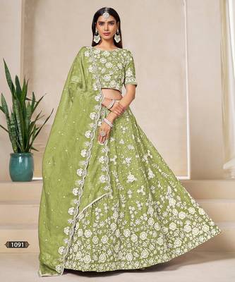 Green Organza Embroidered Semi Stitched Lehenga Choli Size Up To 42 1