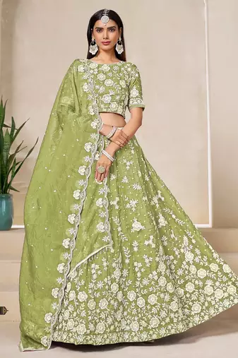 Green Organza Embroidered Semi Stitched Lehenga Choli Size Up To 42