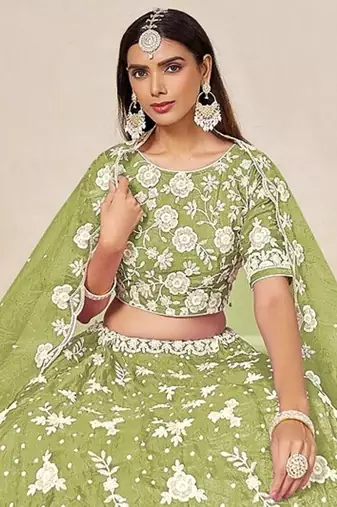 Green Organza Embroidered Semi Stitched Lehenga Choli Size Up To 42
