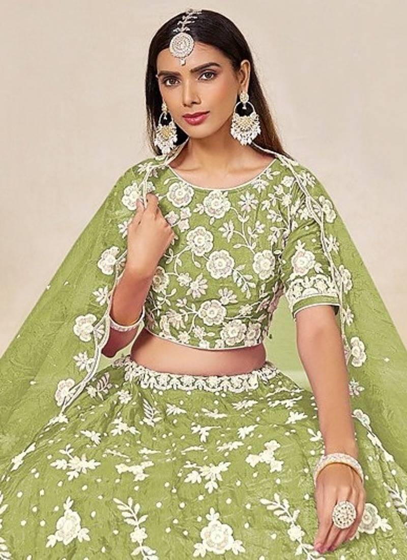 Green Organza Embroidered Semi Stitched Lehenga Choli Size Up To 42