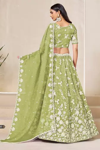 Green Organza Embroidered Semi Stitched Lehenga Choli Size Up To 42
