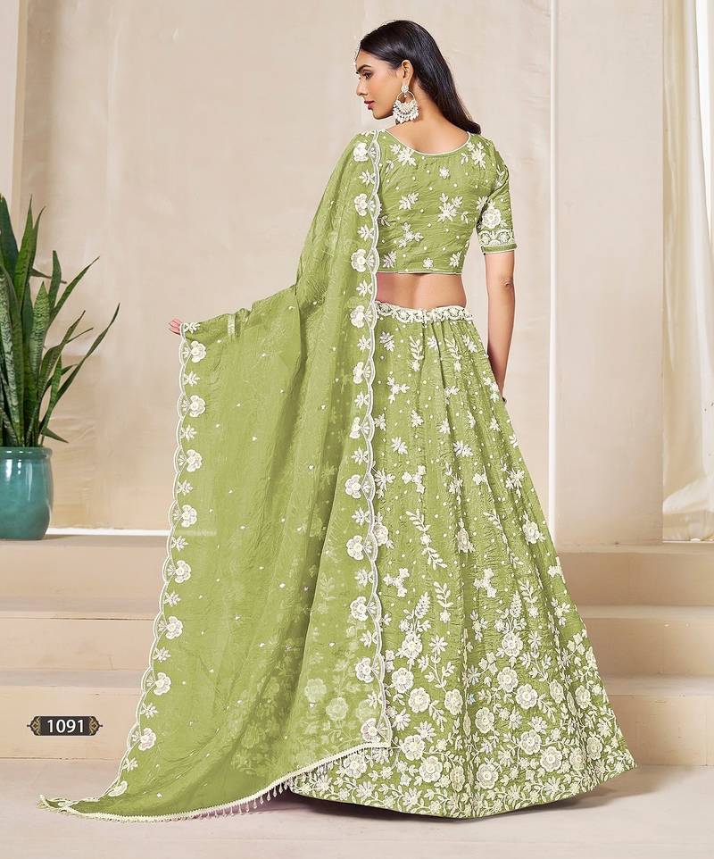 Green Organza Embroidered Semi Stitched Lehenga Choli Size Up To 42