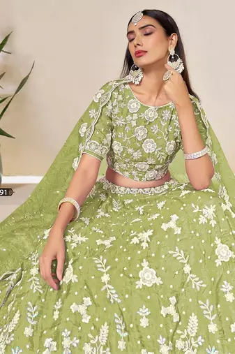 Green Organza Embroidered Semi Stitched Lehenga Choli Size Up To 42